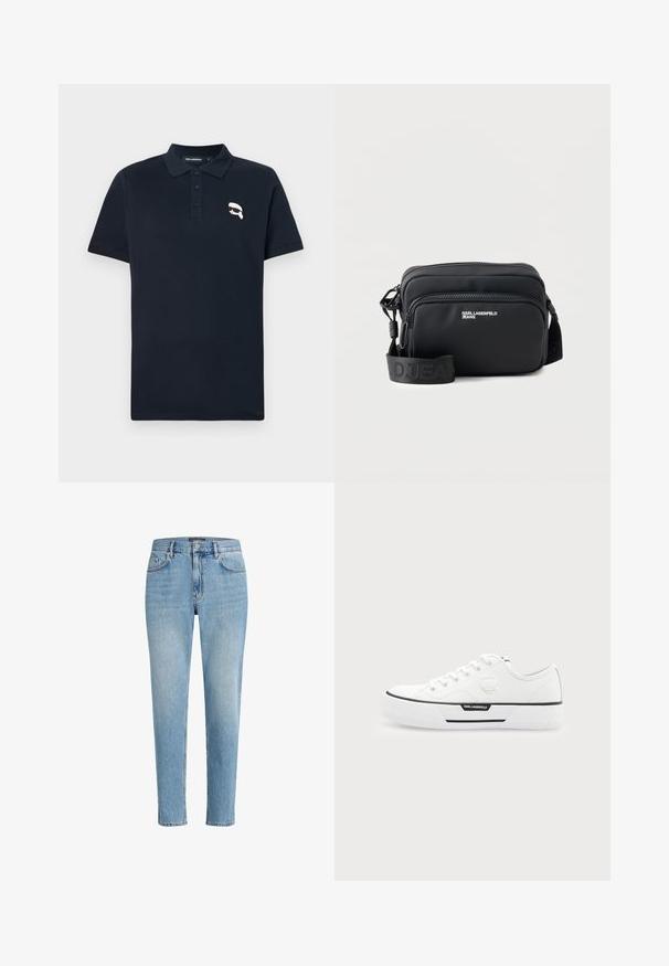 Polo azul marino hecho de algodón, con una tapeta de tres botones y un pequeño logo gráfico blanco en el lado izquierdo del pecho.; Jeans de mezclilla azul claro con un ajuste relajado, diseño de cinco bolsillos y un ligero desgaste. Presenta una etiqueta de marca cerca de la cintura.; Zapatilla blanca de caña baja con suela gruesa, cordones en la parte delantera, detalle de raya negra y logo de Karl Lagerfeld en el lateral y en la lengüeta del talón.; Bolso bandolera rectangular negro con dos compartimentos con cremallera, logo "KARL LAGERFELD JEANS" y correa ajustable de marca sobre fondo blanco.