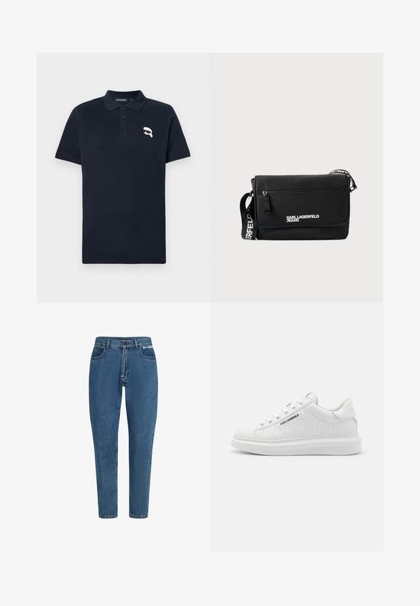 Polo azul marino hecho de algodón, con una tapeta de tres botones y un pequeño logo gráfico blanco en el lado izquierdo del pecho.; Jeans de mezclilla azul con cintura alta y pierna recta. Incluyen un diseño clásico de cinco bolsillos, trabillas para el cinturón y un logo de la marca en la cinturilla.; Zapatilla blanca hecha de cuero suave con un patrón en relieve. Presenta punta redonda, cordones en la parte frontal y suela texturizada. Detalle del logo en plata en el lateral.; Bolsa de mensajero negra hecha de nailon suave. Cuenta con una correa ajustable, bolsillo frontal con cremallera y logo impreso en blanco. Forma rectangular con diseño minimalista.