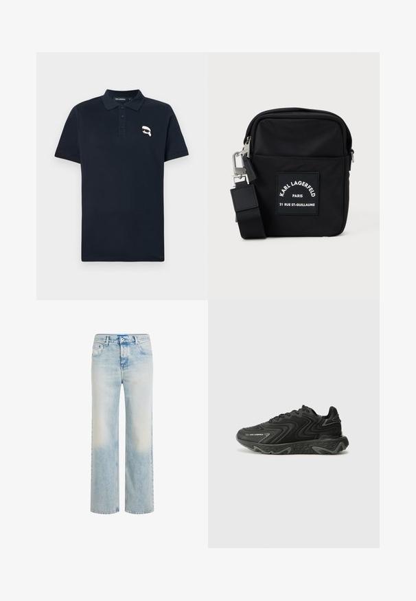 Dunkelblaues Poloshirt aus Baumwolle, mit einer Knopfleiste mit drei Knöpfen und einem kleinen weißen Grafiklogo auf der linken Brust.; Hellblaue Jeans mit geradem Bein, verwaschenem Look, Vorderknopf- und Reißverschluss sowie Fünf-Taschen-Design.; Schwarze Sneaker mit einer wellenförmigen Textur und grauen Akzenten. Sie besitzen ein Schnürdesign und eine klobige, skulptierte Sohle. Die Markenkennzeichnung ist an der Seite sichtbar.; Schwarze Nylon-Crossbody-Tasche mit rechteckiger Form, ausgestattet mit einem vorderen Aufnäher, silberfarbenen Beschlägen und einem verstellbaren Schultergurt.