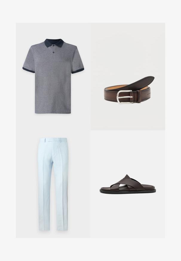 Polo gris à manches courtes avec col et bords de manches bleu marine foncé, doté de deux boutons et d’un petit logo sur la poitrine sur un fond uni.; Pantalon homme bleu clair sur mesure avec passants pour ceinture et pli devant sur fond uni.; Stuart Weitzman BERKLEY - Mules - espresso; Ceinture en cuir marron foncé roulée avec une boucle rectangulaire argentée sur fond blanc.