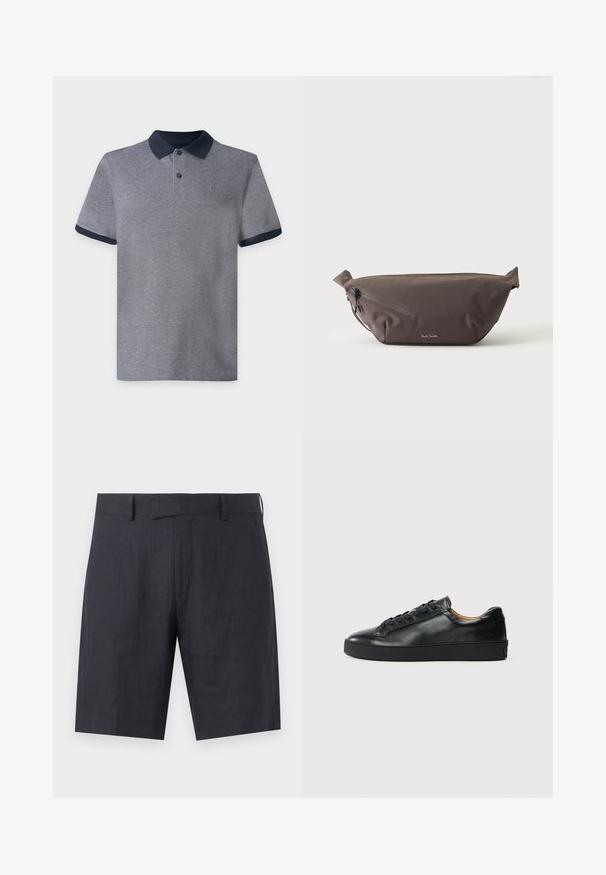 Polo gris à manches courtes avec col et bords de manches bleu marine foncé, doté de deux boutons et d’un petit logo sur la poitrine sur un fond uni.; Shorts bleu marine cintrés arrivant au genou avec passants de ceinture, fermeture éclair dissimulée et design épuré et minimaliste.; Baskets en cuir noir avec une texture lisse, bout rond et fermeture à lacets. Comprend une semelle en caoutchouc épaisse et un minimum de détails de marque.; Sac banane en tissu marron foncé avec poche zippée en diagonale et petit logo blanc sur le devant, sur un fond clair uni.