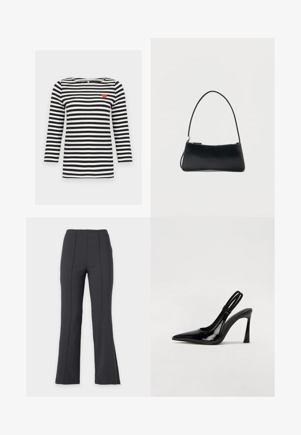 Chemise à manches longues à rayures horizontales noires et blanches avec un petit détail de cœur rouge sur la partie supérieure gauche de la poitrine.; Pantalon noir taille haute à jambe droite avec coutures verticales sur le devant, présenté sur un fond uni clair, sans fermetures ni poches visibles.; Escarpin en cuir verni noir à talon aiguille, à bout pointu, avec une sangle élastique double pour un maintien sécurisé. Surface lisse et brillante.; Sac à main rectangulaire noir avec une fine bandoulière et fermeture éclair, présenté sur un fond blanc uni.
