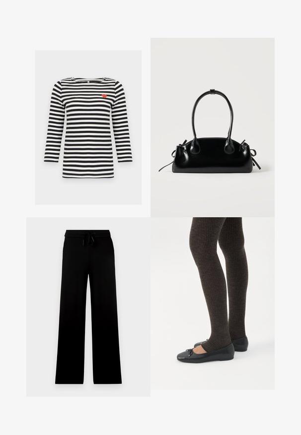 Chemise à manches longues à rayures horizontales noires et blanches avec un petit détail de cœur rouge sur la partie supérieure gauche de la poitrine.; Pantalon noir à jambes larges avec taille élastique et cordon ajustable, présenté sur un fond clair uni.; Jambes portant des leggings côtelés foncés associés à des ballerines noires avec de petits détails en nœud sur fond blanc.; Petit sac à main noir brillant avec deux longues anses et des détails à cordon sur les côtés sur un fond clair uni.