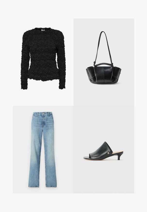 Haut noir à manches longues avec un motif texturé et froncé, doté d'un col rond et d'une silhouette ajustée. Fini en tissu lisse.; Good American GOOD CARPENTER - Wide Leg - indigo; Mules ouverts en cuir noir avec un talon bas. Présentent une surface lisse et un accent logo doré sur le côté.; Sac à main en cuir noir avec une silhouette courbe, des côtés froncés, une anse tressée et une longue bandoulière fine sur fond blanc.
