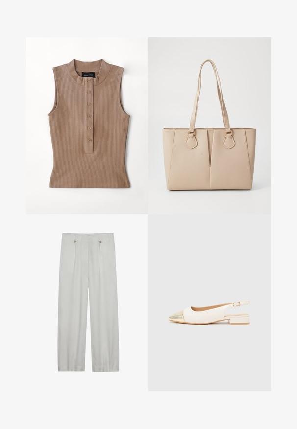 Top sans manches beige en tissu côtelé. Doté d'un col haut et d'une patte de boutonnage avec cinq boutons marron. Texture lisse.; Pantalons taille haute en gris clair, à jambes larges, fabriqués en tissu doux. Comprend deux plis avant, deux boutons de fermeture et une texture lisse.; Chaussure slingback blanche avec un bout pointu métallisé doré, talon bas, et texture en cuir lisse. Bride de cheville réglable pour un bon ajustement.; Sac fourre-tout beige en faux cuir texturé, doté de poignées doubles et d'accents en métal doré. Le design présente un détail avant fendu.