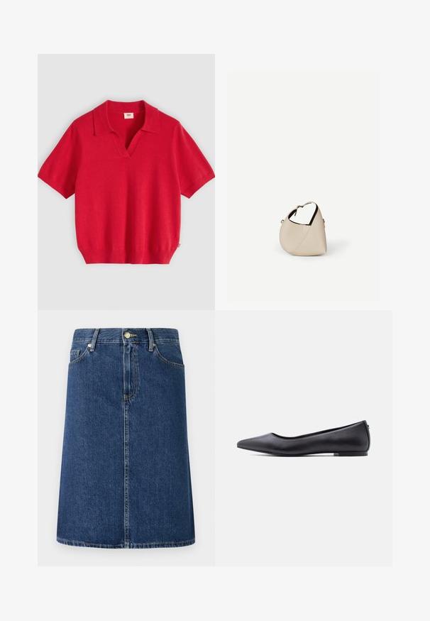 Polo en maille rouge à manches courtes avec col en V et ourlet côtelé, présenté sur un fond gris clair.; Jupe en denim bleu foncé, présentant une coupe droite, une fermeture à boutons sur le devant, un design à cinq poches et des détails de couture discrets le long de l'ourlet.; Chaussure plate en cuir noire à bout pointu avec petit talon, vue de profil sur fond blanc.; Sac à main en cuir beige en forme de croissant avec une seule bandoulière et des coutures minimalistes, posé sur un fond blanc uni.