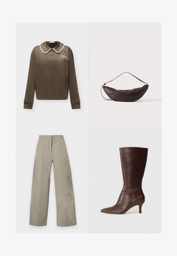 Polo marron à manches longues avec bordure en dentelle blanche sur le col et petit texte blanc sur la poitrine gauche indiquant « "MODSTRÖM" ».; Pantalon beige à jambes larges avec taille haute, passants pour ceinture, détails de coutures frontales et fermeture avant cachée.; Bottine marron en simili cuir avec un bout pointu, un imprimé serpent texturé et un talon de 5 cm, présentant un design élégant et épuré.; Sac d'épaule en cuir marron foncé en forme de croissant avec une lanière courbée et des coutures visibles sur fond uni.