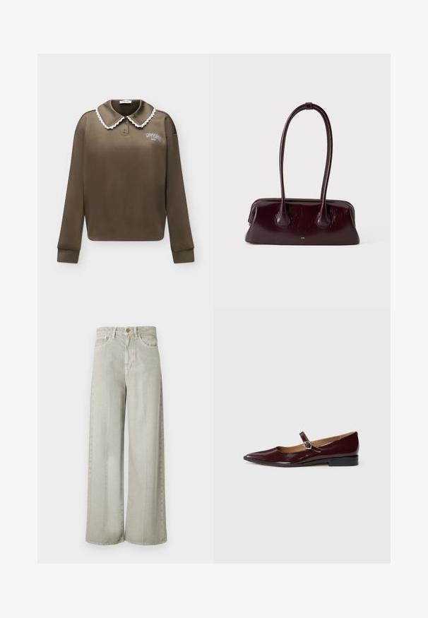 Polo marron à manches longues avec bordure en dentelle blanche sur le col et petit texte blanc sur la poitrine gauche indiquant « "MODSTRÖM" ».; Jean large gris clair en denim, doté d'une taille mi-haute, de poches avant et d'une texture subtile. Détail du bouton en cuivre à la taille.; Ballerines en cuir verni bordeaux de type Mary Jane avec un bout pointu, un talon plat et une sangle décorative avec une boucle circulaire.; Sac à main en cuir brun foncé brillant avec de longues anses fines et une base rectangulaire structurée sur un fond clair uni.