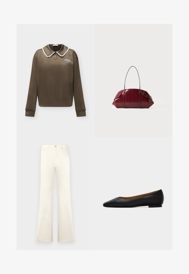 Polo marron à manches longues avec bordure en dentelle blanche sur le col et petit texte blanc sur la poitrine gauche indiquant « "MODSTRÖM" ».; Jean en denim blanc évasé avec taille haute, doté de poches avant et d'une fermeture à bouton, texture lisse et détails de couture soignés.; Chaussure plate en cuir noir à bout pointu avec talon bas et finition lisse, vue de côté sur un fond gris clair.; Sac à main en cuir texturé rouge profond avec une longue sangle fine, un dessus incurvé et des extrémités arrondies sur un fond clair uni.