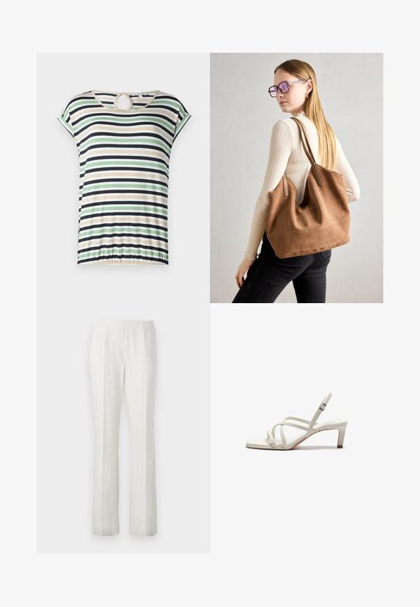 Stribet t-shirt med korte ærmer, der har grønne, beige, sorte og hvide vandrette striber. Rund udskæring ved halsen og sammenkrøllet kant.; Lysfarvede, lige ben-bukser med en glat tekstur, der har for-pleats og et enkelt talje-design.; Zign by Zalando Pumps - off white; Brun ruskind tote taske med blød tekstur, stor åbning og lange stropper. Har et enkelt design med synlige syninger og ingen hardware.