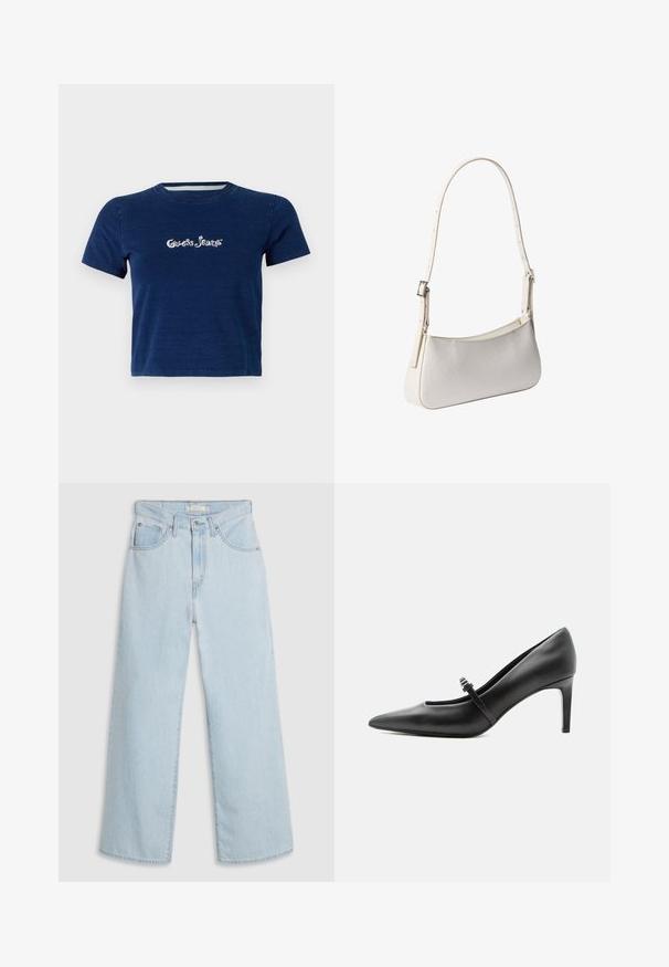 Marineblå t-shirt med korte ærmer, lavet af bomuld, med "Guess Jeans" logo i hvid skrifttype henover brystet, samt rund halsudskæring.; Lyseblå, vide jeans med høj talje, der har knap- og lynlås lukning, dobbelte forlommer foran og diskrete syningsdetaljer.; Sort læderspids højhælede sko med tynd rem og spænde over vristen, stående på en neutral lys baggrund.; Hvid skuldertaske med justerbar strop og subtilt tekstureret mønster, rektangulær form med afrundede kanter, sølvspænde på stroppen.