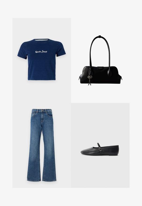 Navyblauwe T-shirt met korte mouwen, gemaakt van katoen, met het "Guess Jeans" logo in witte schrift over de borst, met een ronde hals.; Blauwe spijkerbroek met een hoge taille en uitlopende pijpen, voorzien van vijf zakken en een knoopsluiting. De stof heeft een licht vervaagde afwerking.; Zwarte leren balletschoenen met een spitse neus, platte zool en een kleine strap met een zilveren gespsluiting.; Zwarte leren Calvin Klein handtas met lange hengsels, een logo-label aan de voorkant en een zilverkleurige geometrische hanger die aan één hengsel hangt.