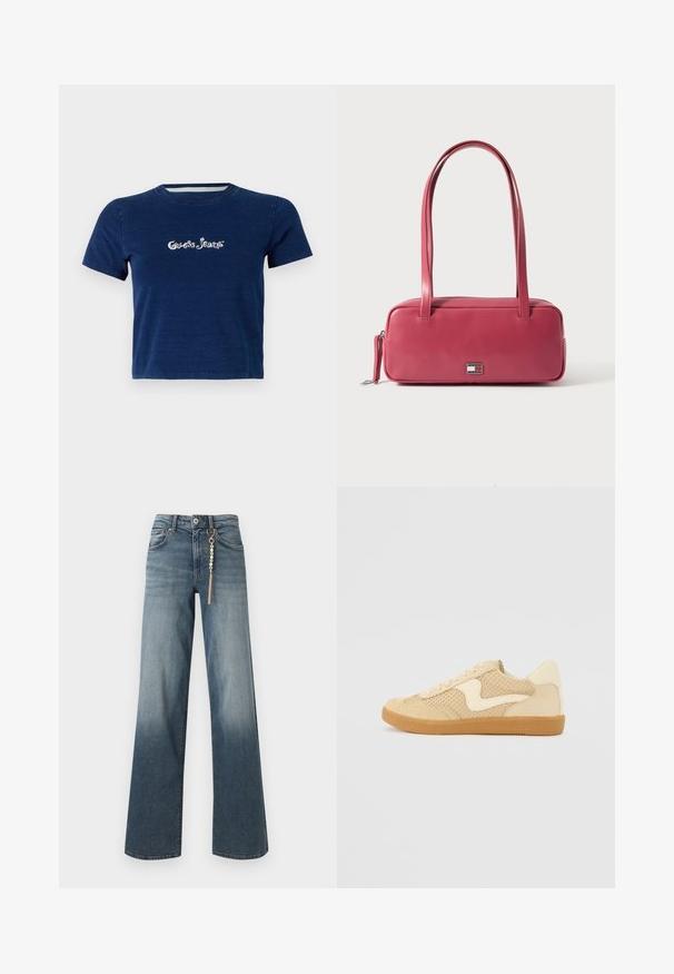 Navyblauwe T-shirt met korte mouwen, gemaakt van katoen, met het "Guess Jeans" logo in witte schrift over de borst, met een ronde hals.; Rechte blauwe spijkerbroek met een vervaagde wassing en een goudkleurige ketting met parels die aan de voorste riemlus hangt.; Beige sneaker van suede en mesh materialen, ronde vorm, opvallende gepolsterde kraag en een gumrubberen zool. Kenmerkt zich door een golvend ontwerp accent.; Roze leren handtas met een rechthoekige vorm, dubbele handvatten en een klein metalen embleem aan de voorkant, met een gladde, glanzende textuur.
