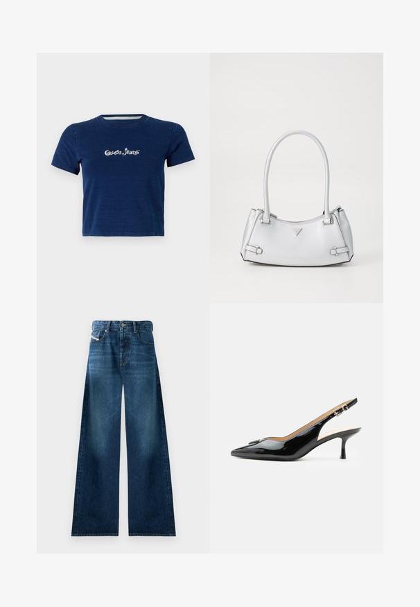 Tmavomodrá tričko s krátkymi rukávmi, vyrobené z bavlny, s logom "Guess Jeans" bielym písmom na hrudi a s okrúhlym výstrihom.; Džínsy s širokými nohavicami v tmavom umývaní. Obsahujú tradičný dizajn s piatimi vreckami, zapínanie na gombík a mierne vyblednutie na stehnách.; Čierny lakovaný slingback s špicatou špičkou, nízkym kitten opätkom a striebornou prackou na čistom bielom pozadí.; Strieborná kabelka so štruktúrovaným dizajnom, s dvoma ušami, lesklou textúrou, akcentovaným hardvérom a trojuholníkovým logom na prednej strane.