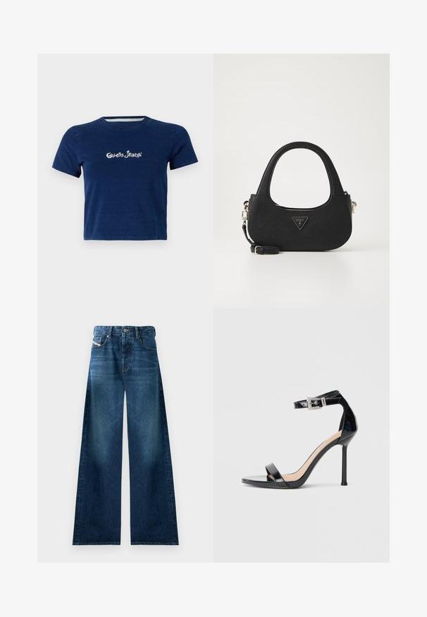 Camiseta de manga corta en azul marino, fabricada en algodón, con el logotipo de "Guess Jeans" en letras blancas en el pecho, y un escote redondo.; Jeans de mezclilla de pierna ancha en lavado oscuro. Presentan un diseño tradicional de cinco bolsillos, cierre de botón y un ligero desgaste en los muslos.; Sandalia de tacón alto en piel sintética negra con correa en el tobillo. Presenta un diseño minimalista, punta abierta y una hebilla con detalles de pedrería.; Bolso de tela negro con un asa curvada, que presenta un logotipo triangular y una correa desmontable. Superficie texturizada y diseño minimalista.