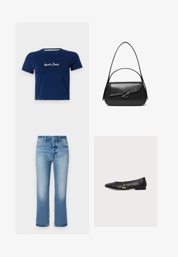 Marineblå t-shirt med korte ærmer, lavet af bomuld, med "Guess Jeans" logo i hvid skrifttype henover brystet, samt rund halsudskæring.; Lyst blå denimjeans med lige ben, der har falmede områder omkring lårene, en knaplukning og standard fem-lomme stil.; Sort læderballerina med en lille guldbeslået detalje på siden, lav hæl og afrundet tå, vist i profil på hvid baggrund.; Sort skuldertaske i læder med en buet klap, der er fastgjort med en rund metal spænde, og en slank, justerbar rem.