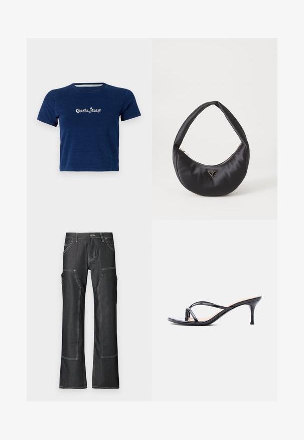 Tmavomodrá tričko s krátkymi rukávmi, vyrobené z bavlny, s logom "Guess Jeans" bielym písmom na hrudi a s okrúhlym výstrihom.; Tmavé deninové cargo nohavice s bielym kontrastným prešívaním, obsahujúce niekoľko vreciek a rozšírený strih nohavíc. Odolná látka a kovové zapínanie na gombík.; Čierna sandála na podpätku z lakovanej kože s tenkými prekríženými remienkami a úzkym stredne vysokým ihličkovým podpätkom na bielom pozadí.; Čierna saténová kabelka s zakriveným tvarom, so zipsovým uzáverom a trojuholníkovým kovovým logom na prednej strane. Hladká textura a elegantný dizajn.