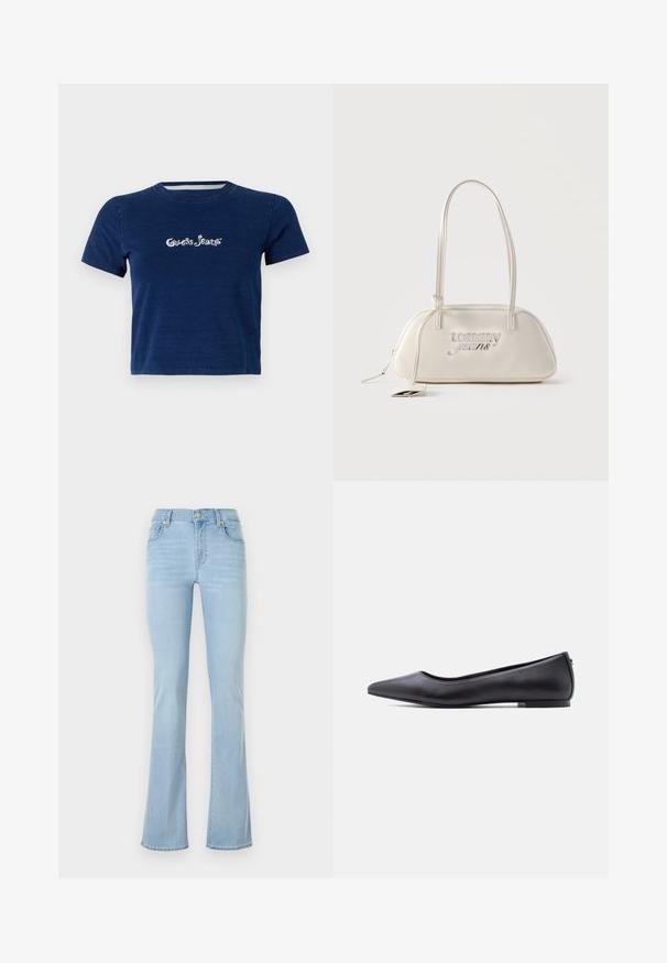 Laivansininen lyhythihainen t-paita, joka on valmistettu puuvillasta ja jossa on valkoisella skriptillä "Guess Jeans" -logo rinnassa, sekä pyöreä pääntie.; Vaaleansiniset levenevät farkut denim-materiaalista, joissa on korkea vyötärö, viisi taskua, etuvetoketju ja vähäiset ompelutiedot.; Musta kärjestään terävä, matalakorkoinen nahkainen tasapohjakenkä, esitetty sivuprofiilissa valkoista taustaa vasten.; Kermanvärinen suorakaiteen muotoinen olkalaukku, jossa pitkät hihnat, "tommy jeans" -logo hopeanvärisenä etuosassa ja vetoketjuun kiinnitetty roikkuva nimilappu.