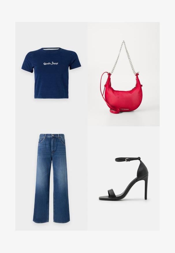 Tumed sinine lühikeste varrukatega T-särk, valmistatud puuvillast, millel on rinnal valge scriptsilt "Guess Jeans" logo ja ümmargune kaelus.; Keskmise sinise värvusega laiad jalad denim püksid, viiest taskust koosnev disain, nööbiga sulgemine ja õrn tuhmumine reite piirkonnas tekstuuri lisamiseks.; Mustad must kõrge kontsaga sandaal, millel on sile disain, sääre rihm, avatud varvas ja sile nahk tekstuur.; Punane võrgust käekott kaarjas kuju, hõbedased kettdetailid ja reguleeritav rihm. Esifaasil on brändingu insignia.
