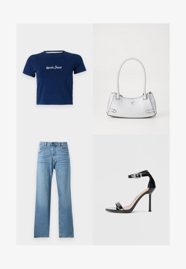 Tmavomodrá tričko s krátkymi rukávmi, vyrobené z bavlny, s logom "Guess Jeans" bielym písmom na hrudi a s okrúhlym výstrihom.; Svetlomodré džíny z denimu s rovnou nohou, so štandardným pásom, piatimi vreckami a jemným vyblednutím na látke.; Čierna vysoká sandála z lakovanej kože s popruhom okolo členka. Vyznačuje sa minimalistickým dizajnom, otvorenou špičkou a prackou zdobenou trblietavými kamienkami.; Strieborná kabelka so štruktúrovaným dizajnom, s dvoma ušami, lesklou textúrou, akcentovaným hardvérom a trojuholníkovým logom na prednej strane.