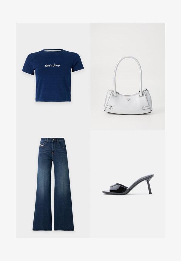 Camiseta de manga corta en azul marino, fabricada en algodón, con el logotipo de "Guess Jeans" en letras blancas en el pecho, y un escote redondo.; Jeans de pierna ancha de talle alto en azul oscuro, con bolsillos delanteros y para monedas, cierre de botón y sutiles detalles de desgastado en los muslos.; Sandalias de tacón con punta abierta de charol negro, con un diseño superior curvado y tacón de aguja cónico. Acabado liso y brillante.; Bolso de mano plateado con un diseño estructurado, que cuenta con dos asas, textura brillante, herrajes de acento y un logo triangular en la parte frontal.