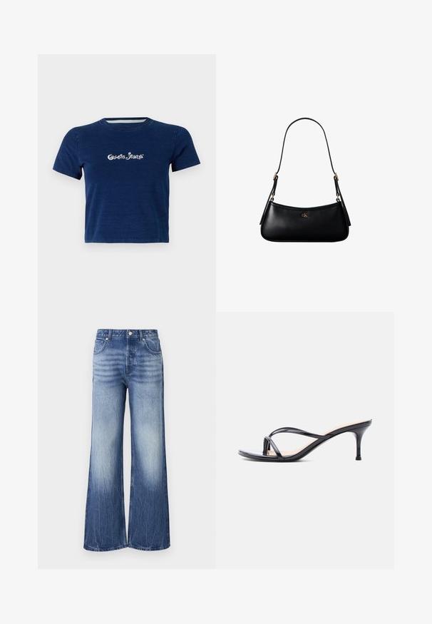 Marineblå t-shirt med korte ærmer, lavet af bomuld, med "Guess Jeans" logo i hvid skrifttype henover brystet, samt rund halsudskæring.; Lysblå brede jeans lavet af denim, med høj talje, falmede tekstur og mærke patch på baglommen.; Sort laklædersandal med hæl, tynde krydsede remme og en slank mellemhøj stilethæl på en hvid baggrund.; Sort læder mini skuldertaske med tynd rem og lille gyldent CK-logo på fronten i midten.
