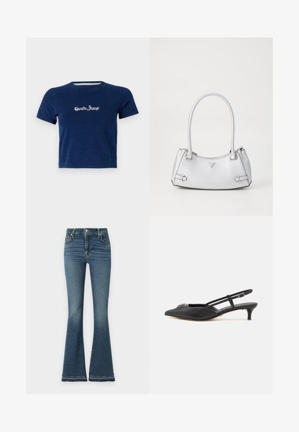 Camiseta de manga corta en azul marino, fabricada en algodón, con el logotipo de "Guess Jeans" en letras blancas en el pecho, y un escote redondo.; Vaqueros de campana en denim azul medio con cintura alta, ligero desgaste, diseño de cinco bolsillos y detalles de costura visibles.; Zapatos slingback negros con punta afilada, hechos de material suave, con un pequeño tacón y un acento decorativo plateado en el empeine.; Bolso de mano plateado con un diseño estructurado, que cuenta con dos asas, textura brillante, herrajes de acento y un logo triangular en la parte frontal.