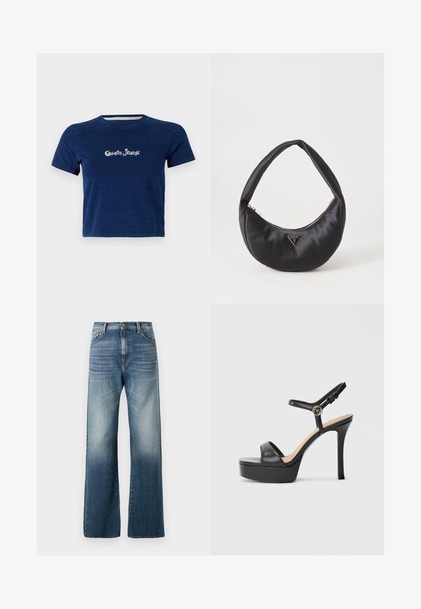 Marineblå t-shirt med korte ærmer, lavet af bomuld, med "Guess Jeans" logo i hvid skrifttype henover brystet, samt rund halsudskæring.; Bredde ben blå denim jeans med en falmet finish, der har en knaplukning og et traditionelt fem-lomme design. Glat tekstur overalt.; Sorte platformsandaler med høj stiletthæl, der har en glat læderoverdel, peep toe-design og en justerbar ankelrem med metalbeslag.; Sort satin håndtaske med en buet form, der har en lynlåslukning og et trekantet logo i metal på forsiden. Glat tekstur og slankt design.