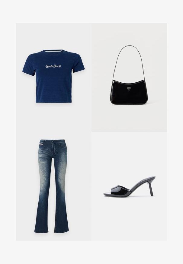 Laivansininen lyhythihainen t-paita, joka on valmistettu puuvillasta ja jossa on valkoisella skriptillä "Guess Jeans" -logo rinnassa, sekä pyöreä pääntie.; Farkut, joissa on levenevät lahkeet, tummansininen pesu vaaleammilla kulutuksilla, textured-pinta ja vetskari. Viiden taskun muotoilu ja brändilogo.; Musta kiiltävä patenttinahasta valmistettu avokärkinen korkokenkä, jossa on käyrä yläosa ja kapeneva piikkikorko. Sileä kiiltävä pinta.; Musta kiiltävänahkainen olkalaukku ohuella hihnalla, edessä kolmiomainen Guess-logo ja yläreunassa vetoketjusuljenta.