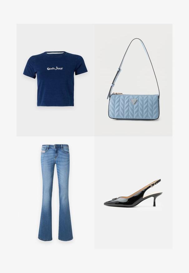 Marineblå t-shirt med korte ærmer, lavet af bomuld, med "Guess Jeans" logo i hvid skrifttype henover brystet, samt rund halsudskæring.; Lyseblå denim flared jeans med mellemhøj talje, fem lommer og diskret falmning langs benene. Har en synlig logo-label.; Sort patentlæder slingback hæl med spids tå, lille kitten hæl og sølvspænde på en ensartet hvid baggrund.; Lyseblå quiltet skuldertaske med justerbar rem og lynlåslukning, med en lille trekantet metal logo-plade foran.