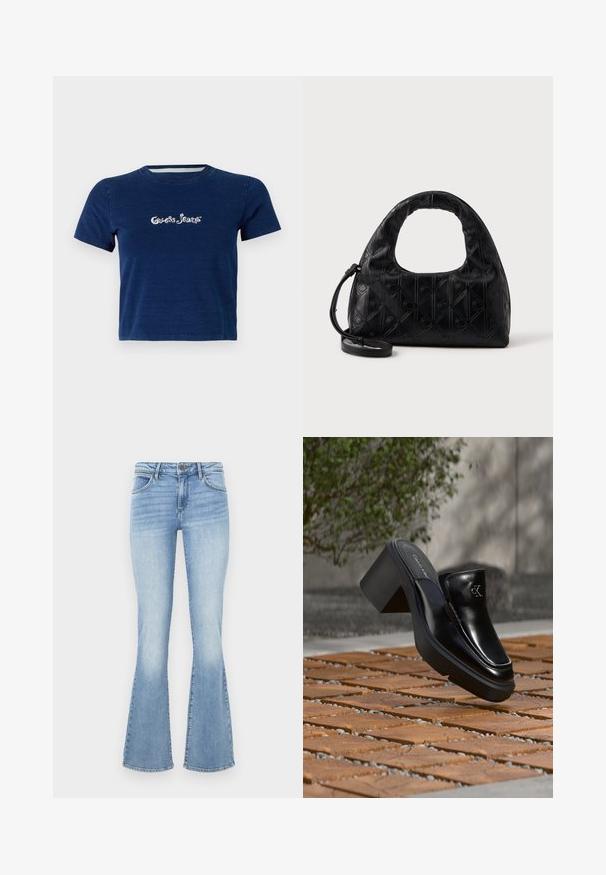 Marineblå t-shirt med korte ærmer, lavet af bomuld, med "Guess Jeans" logo i hvid skrifttype henover brystet, samt rund halsudskæring.; Lyseblå vide jeans lavet af denim. Har et traditionelt fem-lommer design og en lynlås med knaplukning. Bleg effekt på lårerne.; Sort læder Calvin Klein slip-on mule med blokhæl, der hviler på trætøj udendørs nær en grøn plante og en grå væg.; Sort læderhåndtaske med et buet topgreb, subtil diamantmønster og en aftagelig rem. Teksturen er glat med prægede detaljer.