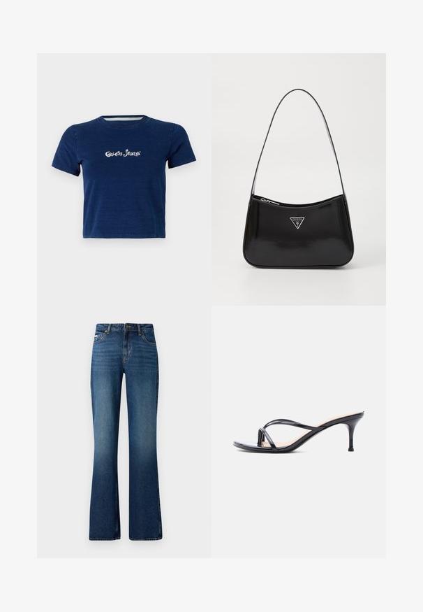 Marineblå t-shirt med korte ærmer, lavet af bomuld, med "Guess Jeans" logo i hvid skrifttype henover brystet, samt rund halsudskæring.; Flare jeans i en medium blå vask, med et klassisk fem-lomme design, knaplukning og en let slidt tekstur.; Sort laklædersandal med hæl, tynde krydsede remme og en slank mellemhøj stilethæl på en hvid baggrund.; Sort patenteret læder skuldertaske med en buet form, prydet med et sølvfarvet trekantet logo og en lynlås-lukning. Glat tekstur og slank rem.