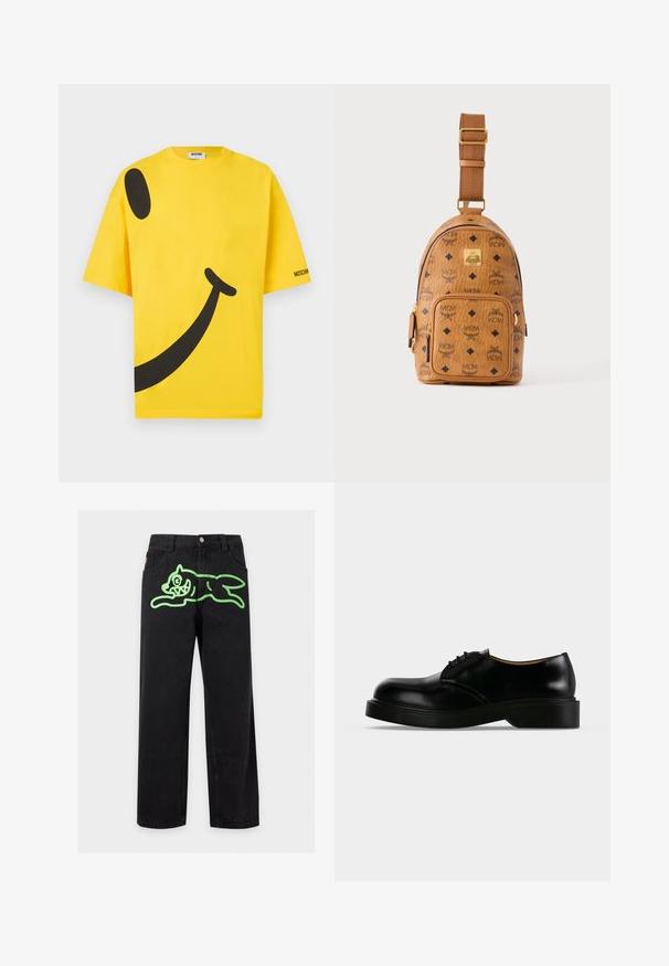 T-shirt en coton jaune avec un grand motif de smiley noir, coupe oversize et logo sur la manche. Texture douce et manches courtes.; Jean noir à jambes larges avec passants de ceinture et un motif de chien dessin animé vert vif s'étirant sur la partie avant de la taille.; Chaussure de ville noire en cuir poli à lacets, avec une semelle épaisse, un bout arrondi et un petit talon, montrée de profil sur un fond uni.; Petit sac bandoulière en cuir beige avec bandoulière réglable, poche zippée à l'avant et motif répété du logo noir MCM.