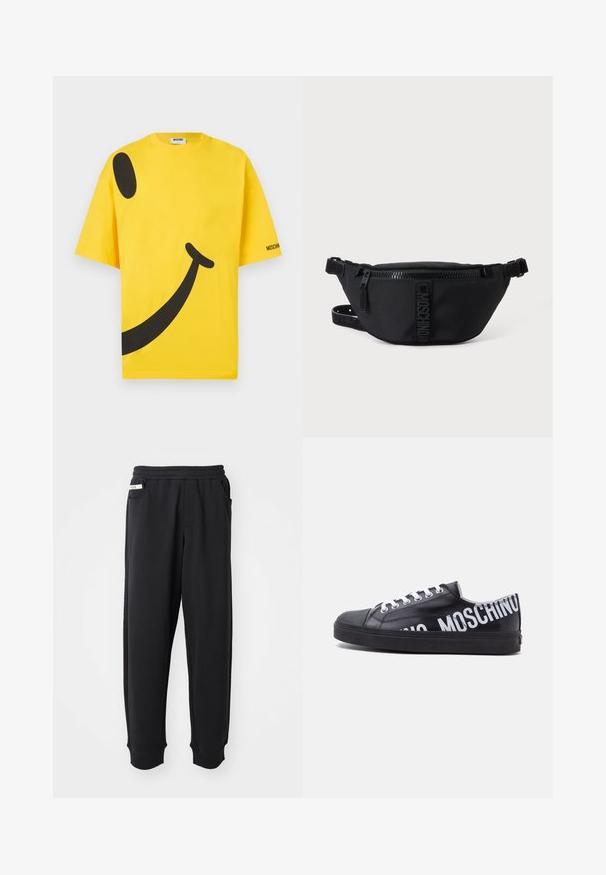 T-shirt en coton jaune avec un grand motif de smiley noir, coupe oversize et logo sur la manche. Texture douce et manches courtes.; Pantalons de survêtement noirs en tissu doux, avec une taille élastique, des poches latérales et des poignets côtelés aux chevilles. Design minimaliste.; Baskets basses noires avec lacets blancs et texte blanc gras "MOSCHINO" entourant le talon et le côté.; Sac banane noir Moschino avec fermeture éclair frontale et sangle ajustable sur un fond uni clair.