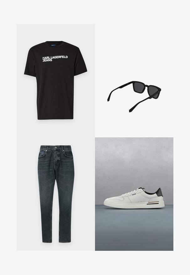 Čierne bavlnené tričko s krátkymi rukávmi a okrúhlym výstrihom, s bielym textom "KARL LAGERFELD JEANS" diagonálne napísaným na prednej strane.; Tmavo šedé džínsy s rovnými nohavicami, piatimi vreckami, zapínaním na gombík a jemným vyblednutím. Vyrobené z bavlny s hladkou textúrou.; Biele nízke tenisky s čiernou pätou, viazaním, jemnými perforáciami a logom "BOSS" na boku, zobrazené z vonkajšieho profilu.; Čierne obdĺžnikové slnečné okuliare s hrubými rámami a tmavými šošovkami zobrazené v miernom uhle na bielom pozadí.