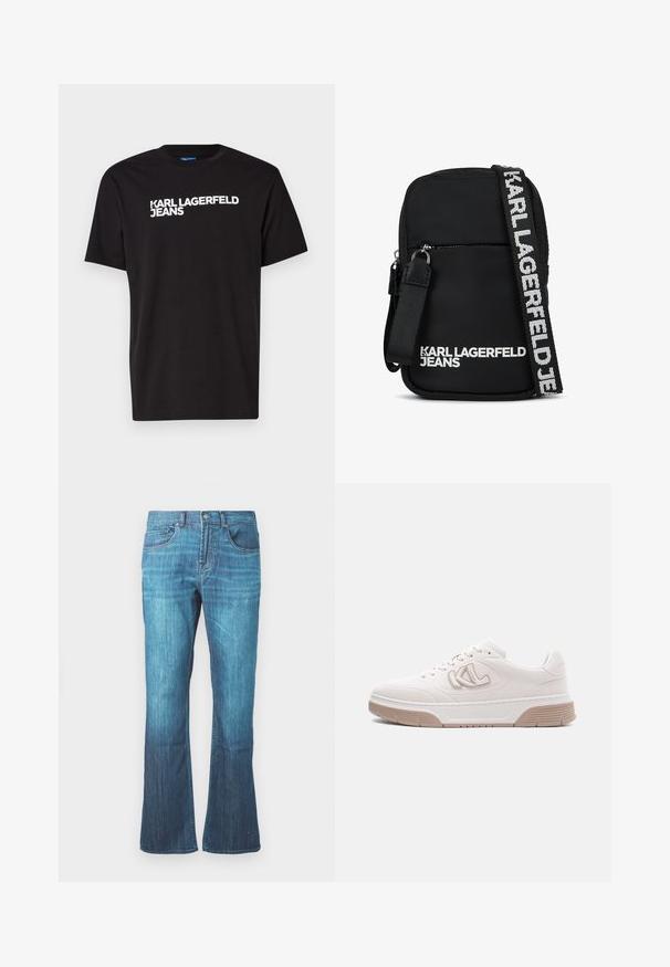 Čierne bavlnené tričko s krátkymi rukávmi a okrúhlym výstrihom, s bielym textom "KARL LAGERFELD JEANS" diagonálne napísaným na prednej strane.; Džíny zo stredne modrého prania denim s miernym rozšírením na spodnej strane, klasický dizajn s piatimi vreckami a predným zapínaním na gombík a zips.; Biela nízka teniska s béžovou podrážkou, bočným logom a šnurovaním na jednoduchom svetlosivom pozadí.; Čierna látková crossbody taška s obdlžníkovým tvarom, so zipsovým predným vreckom a kontrastným logom na remienku v bielej farbe.