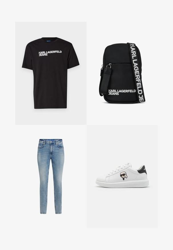 Zwarte katoenen T-shirt met korte mouwen en ronde halslijn, met diagonaal over de voorkant in witte tekst "KARL LAGERFELD JEANS".; Lichtblauwe, slim-fit jeans van denim. Voorzien van een vijf-pocket ontwerp, knoopsluiting en subtiele vervaging. Glen soepel oppervlak en rechte pijpen.; Witte leren sneaker met zwarte hielaccent. Bevat een cartoonpatch van een figuur met een zonnebril. Rond neu en dikke witte zool.; Zwarte stoffen schoudertas met een rechthoekige vorm, voorzien van een ritsvak aan de voorkant en een contrasterende logo-riem in het wit.