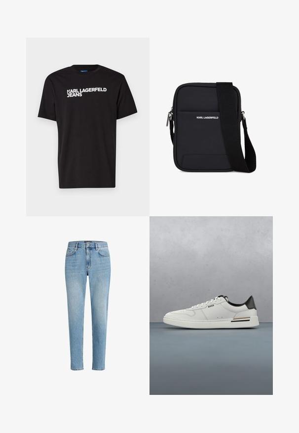Čierne bavlnené tričko s krátkymi rukávmi a okrúhlym výstrihom, s bielym textom "KARL LAGERFELD JEANS" diagonálne napísaným na prednej strane.; Svetlomodré džínsy s uvoľneným strihom, päť vrecúškovým dizajnom a jemným efektom opotrebovania. Obsahujú označkovanú nášivku pri páse.; Biele nízke tenisky s čiernou pätou, viazaním, jemnými perforáciami a logom "BOSS" na boku, zobrazené z vonkajšieho profilu.; Čierna obdĺžniková kabelka cez rameno s nastaviteľným remienkom, predným vreckom a logom "KARL LAGERFELD" v bielej farbe.