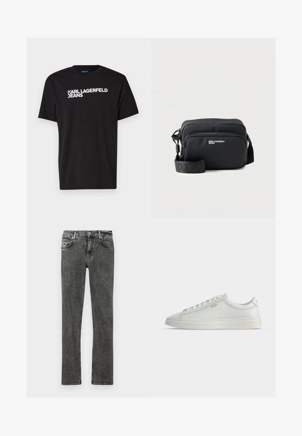 Čierne bavlnené tričko s krátkymi rukávmi a okrúhlym výstrihom, s bielym textom "KARL LAGERFELD JEANS" diagonálne napísaným na prednej strane.; Šedé džíny z denimu so strihom rovného nohavice, so štandardným päť vreckovým dizajnom, gombíkovým zapínaním a jemným odtieňovaním po celom obvode.; Biela nízka kožená teniska s šnúrkami, plochou podrážkou a malým zlatým logom "BOSS" na boku, z pohľadu zvonka.; Čierna obdĺžniková crossbody kabelka so dvomi vreckami na zips, logom "KARL LAGERFELD JEANS" a nastaviteľným popruhom s logom na bielom pozadí.