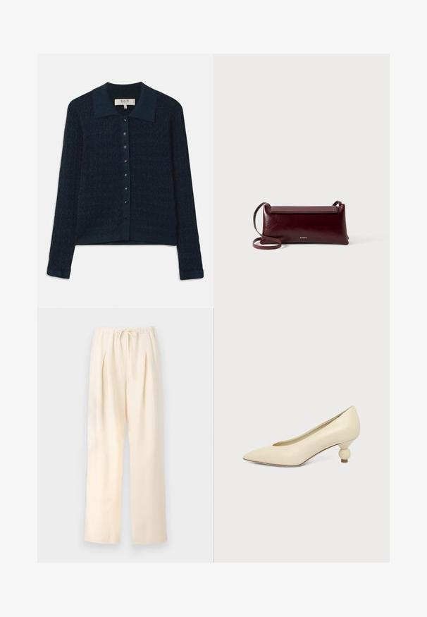 Cardigan en maille bleu marine avec un motif texturé, une fermeture à boutons à l'avant et un col contrastant. Il est doté de manches longues et d'une finition côtelée.; Pantalons plissés beiges avec une taille élastique et un cordon de serrage ajustable. Tissu léger et design large avec jambes droites.; Chaussure femme couleur crème à bout pointu avec un petit talon rond en forme de boule, sur fond uni.; Sac à bandoulière en cuir bordeaux avec une texture lisse, de forme rectangulaire, fermeture à rabat et une fine sangle réglable. Détail du logo doré visible.