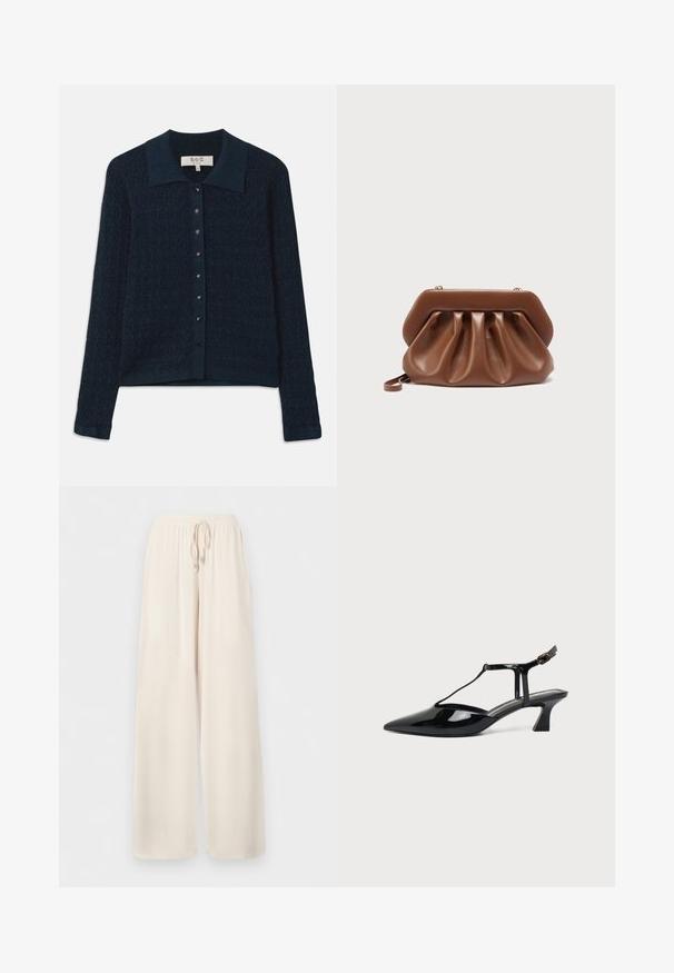 Cardigan en maille bleu marine avec un motif texturé, une fermeture à boutons à l'avant et un col contrastant. Il est doté de manches longues et d'une finition côtelée.; Pantalon ample de couleur crème avec ceinture élastique et cordon de serrage, fabriqué en tissu léger.; Chaussure slingback en cuir verni noir à bout pointu avec bride en T et petit talon bloc incliné sur fond blanc.; Pochette en cuir marron au design plissé et structure rigide en haut, équipée d'une petite anse pour poignet et de détails de fermoir dorés.