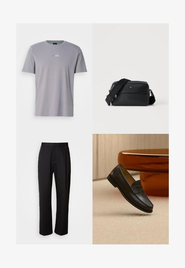 T-shirt gris à manches courtes en coton, avec un col rond et le logo "BOSS" embossé en blanc sur la poitrine.; Pantalon noir à coupe droite, en tissu léger. Il dispose d'une fermeture à bouton sur le devant et de deux poches latérales ; texture lisse.; Chaussure mocassin en cuir noir suspendue au-dessus d’un tapis beige avec du mobilier moderne couleur ambre en arrière-plan.; Sac bandoulière en cuir noir texturé avec poche avant zippée et bandoulière large en tissu réglable sur fond blanc.
