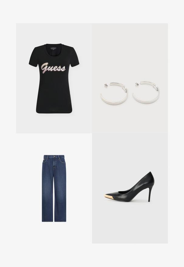 Μαύρο εφαρμοστό T-shirt με κοντά μανίκια, στρογγυλή λαιμόκοψη και γυαλιστερό ασημί-ροζ λογότυπο "Guess" μπροστά.; Σκούρα μπλε τζιν με φαρδιά μπατζάκια, εμπρόσθιες τσέπες, θηλιές για ζώνη και κούμπωμα με κουμπί στη μέση, σε λευκό φόντο.; Μαύρη δερμάτινη γόβα με ψηλό τακούνι και μυτερή μύτη. Διαθέτει μεταλλική χρυσή λεπτομέρεια στο καπάκι της μύτης. Λείο επιφάνεια με κομψό σχέδιο.; Σκουλαρίκια ημικυκλικού σχήματος με ασημί τόνο, με ραβδωτή υφή και πίσω μπαγιονέτες, σε λευκό φόντο.