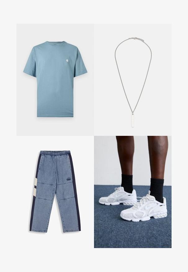 Lichtblauw T-shirt met korte mouwen en ronde hals, met een klein wit logo op de linkerborst, weergegeven tegen een effen achtergrond.; Jeans met een elastische tailleband, gemaakt van lichtblauwe hoofdstof, met marineblauwe zijkanten en een klein logo op één been.; Witte sportieve schoenen met een bovenkant van mesh, gemêleerde accenten en een gevoerde zool. Samengesteld met zwarte geribde enkelsokken op een blauwe tapijtvloer.; Zilveren ketting met een rechthoekige hanger met een gladde, gepolijste oppervlakte. De ketting heeft een geprofileerd ontwerp voor extra detail.