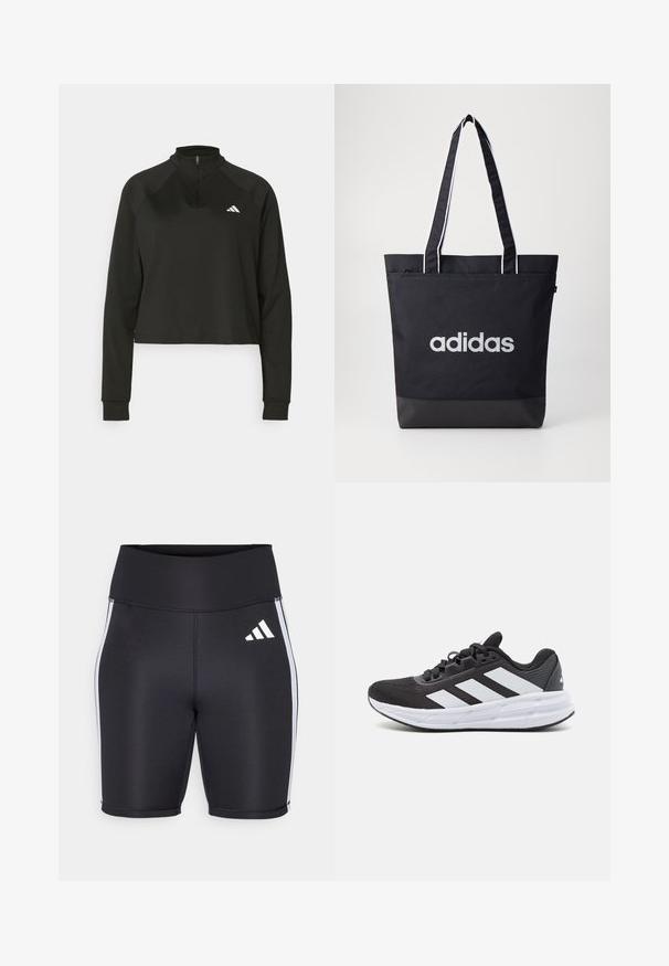 Sudadera negra de media cremallera hecha de tela suave, con mangas largas, que cuenta con un cuello alto y un logo blanco en el lado izquierdo del pecho.; Pantalones cortos deportivos negros con una cinturilla alta, franjas laterales blancas y un pequeño logo blanco. Tejido suave con un diseño ajustado.; Zapatilla deportiva negra con un upper de tela texturizada, que presenta tres rayas blancas en el lateral, una entresuela blanca y una suela de goma.; Bolsa de tote negra con el logo "adidas" en gris, hecha de un tejido duradero, con dos correas para el hombro y un panel inferior negro en contraste.