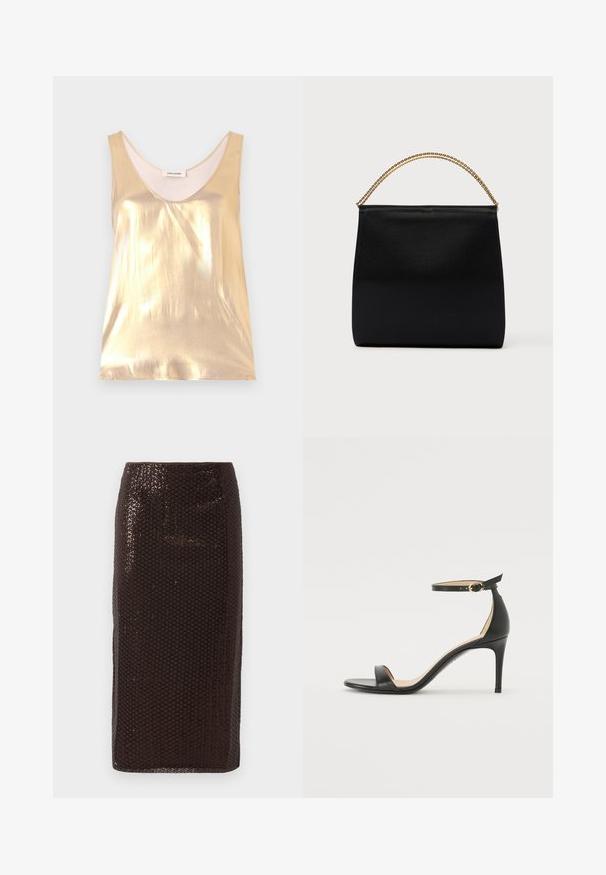 Haut sans manches en or métallisé avec un décolleté en forme de cœur profond. Texture lisse, design ajusté et doublure intérieure douce.; Jupe crayon en sequins marron foncé avec une taille haute et un motif en diamant subtil, présentée sur un fond blanc uni.; Sandale à talons hauts en cuir noir avec une lanière de cheville. Présente une texture lisse, un bout ouvert et un talon fin. Détail de boucle en ton doré.; Sac noir en tissu lisse, présentant une forme structurée, une poignée en chaîne dorée et un design géométrique minimaliste.