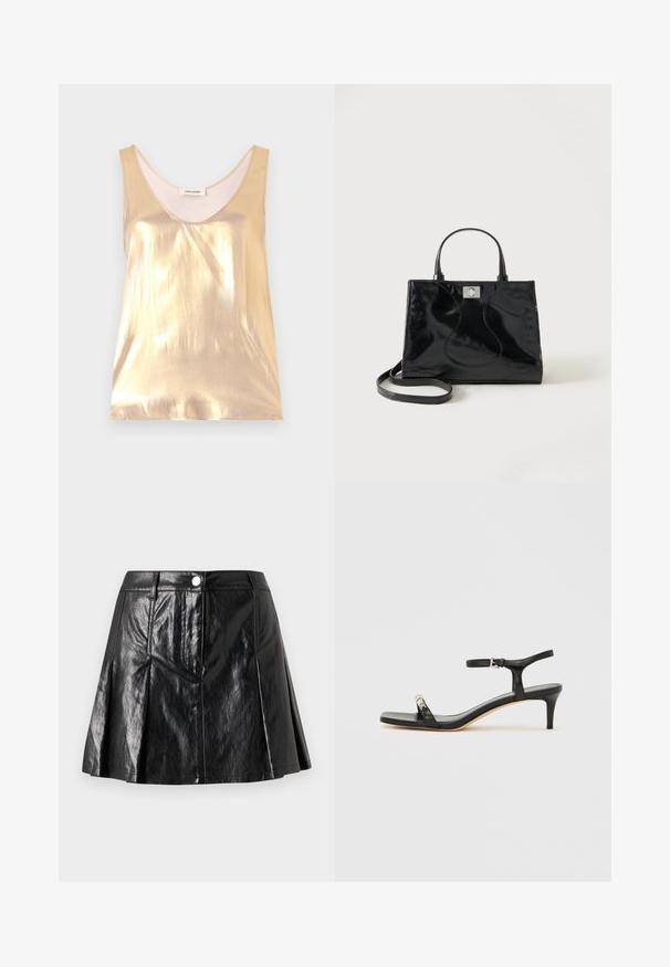 Haut sans manches en or métallisé avec un décolleté en forme de cœur profond. Texture lisse, design ajusté et doublure intérieure douce.; Jupe en simili cuir noir avec un design évasé, présentant des plis à l'avant, une fermeture à bouton métallique et des poches latérales. Texture lisse et brillante.; Sandale noire en cuir à talon avec bride à la cheville, bout ouvert, devant carré et accent en métal argenté. Design ajusté avec un profil élégant.; Sac à main en cuir verni noir avec poignées arrondies, bandoulière détachable et fermeture à boucle argentée sur fond blanc uni.