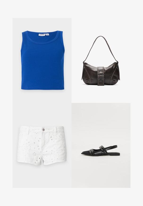 Μπλε ριγωτό αμάνικο crop top με στρογγυλή λαιμόκοψη και ετικέτα μάρκας στο εσωτερικό του γιακά.; Λευκά βαμβακερά σορτς με κεντημένο διακοσμητικό μοτίβο με τρύπες σε λουλουδένιο σχέδιο, με εμπρόσθια κούμπωμα με κουμπί και φερμουάρ και θηλιές για ζώνη σε μονόχρωμο φόντο.; Even&Odd by Zalando Μπαλαρίνες με λουράκι στον αστράγαλο - black; Καφέ δερμάτινη τσάντα ώμου με καμπύλη μορφή, που διαθέτει έντονη διάκοσμηση από κούμπωμα, αντίθετη ραφή και μία μόνο λουρί ώμου.