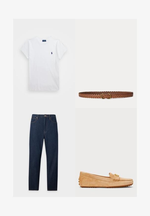Hvid bomulds T-shirt med korte ærmer, der har et lille marineblåt logo på venstre bryst. Enkel design med rund hals.; Mørkeblå straight-leg denim jeans med frontknap, lynlås og fem-lomme design på ensartet lys baggrund.; Tan ruskinds loafers med en rund tå, der har en guldtonet strop og en gummistøbt ydersål til trækkraft. Glat tekstur.; Brunt flettet læderbælte med en lille messing oval spænde, vist fladt på en lys grå baggrund.