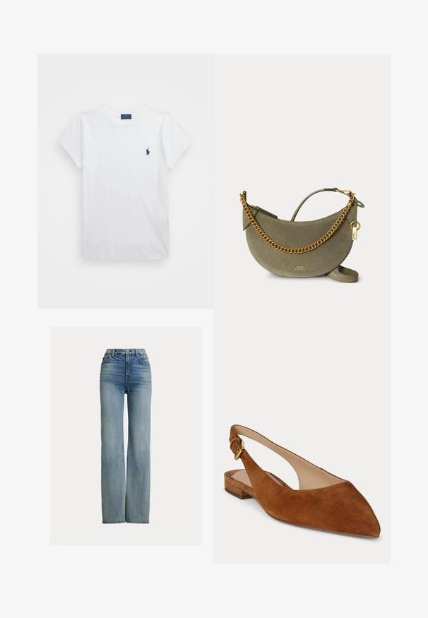 T-shirt en coton blanc à manches courtes, avec un petit logo bleu marine sur la poitrine gauche. Design sobre avec un col rond.; Jeans bleus taille haute, à jambe droite, avec poches avant, passants de ceinture et fermeture à bouton, présentant des détails légèrement délavés.; Chaussure plate en daim marron à bout pointu avec bride arrière, petit talon et boucle dorée ajustable.; Sac à main demi-lune en daim vert olive avec détail chaîne dorée, fermeture éclair dorée et petit charme cadenas doré sur fond uni.